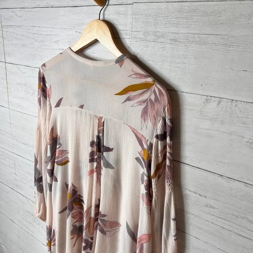Free People Dress Womens Size XS Pink Floral Tree Swing Tunic Puff Sleeves